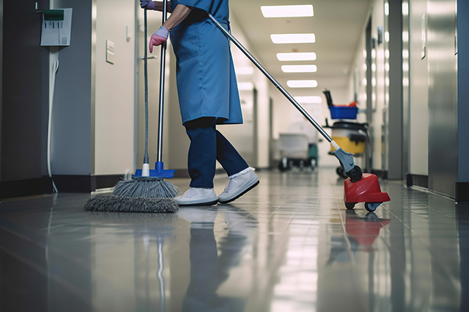 woman janitor cleaning medical facility in Arizona